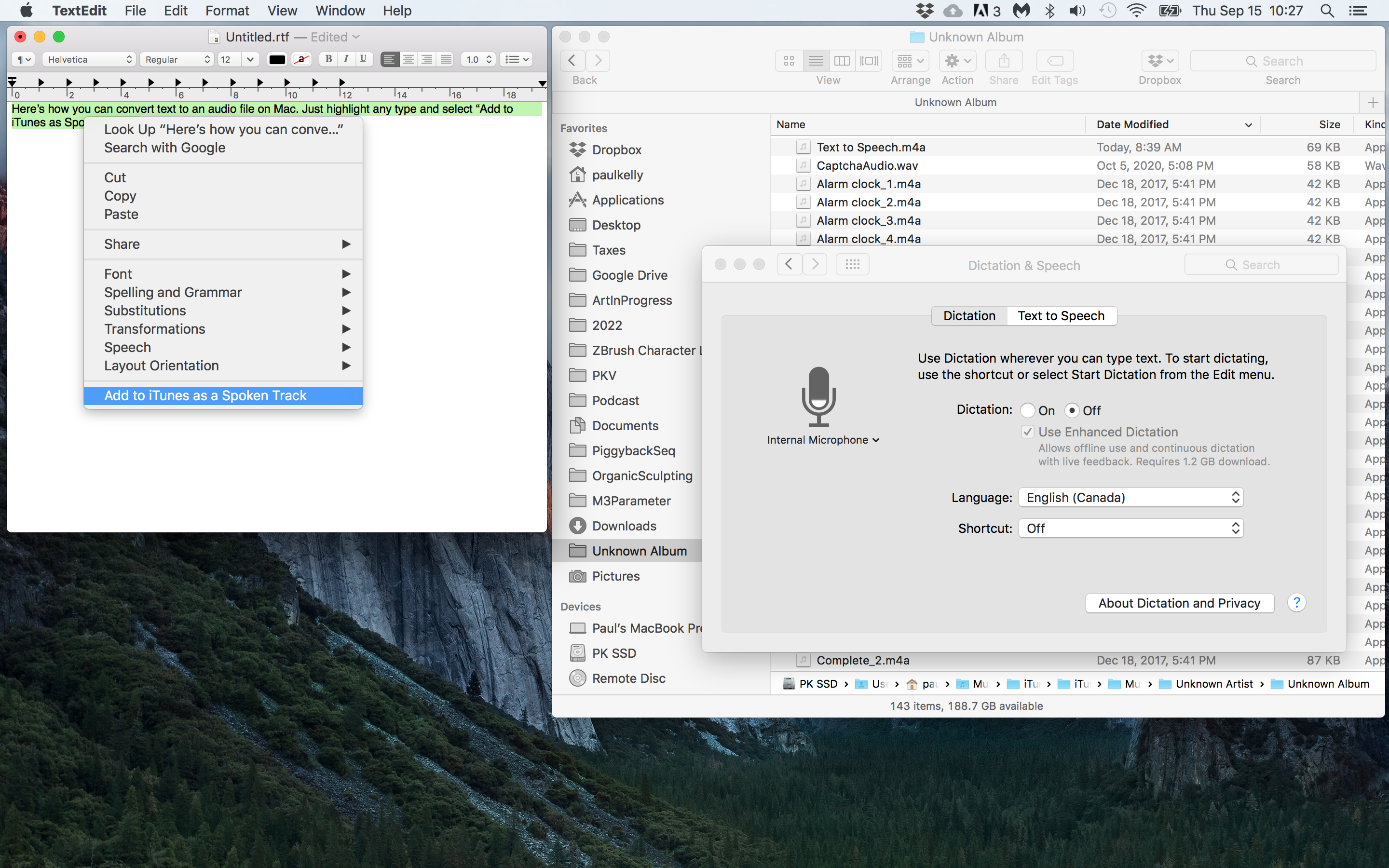 screenshot of “Text to Speech” option on Mac screen